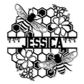 Bee metal sign featuring honeybees, honeycomb cells, flowers, and a dripping honey design