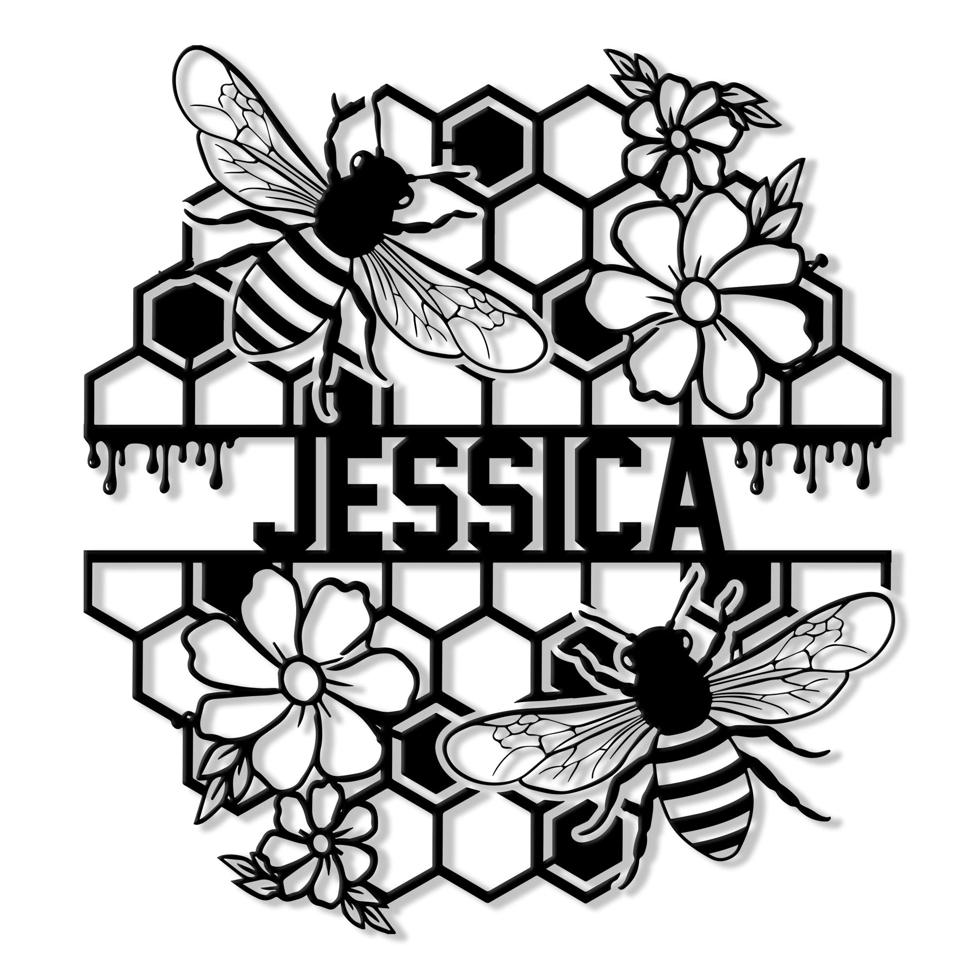 Bee metal sign featuring honeybees, honeycomb cells, flowers, and a dripping honey design
