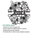 Floral honeybee metal sign shown with product feature information and installation details