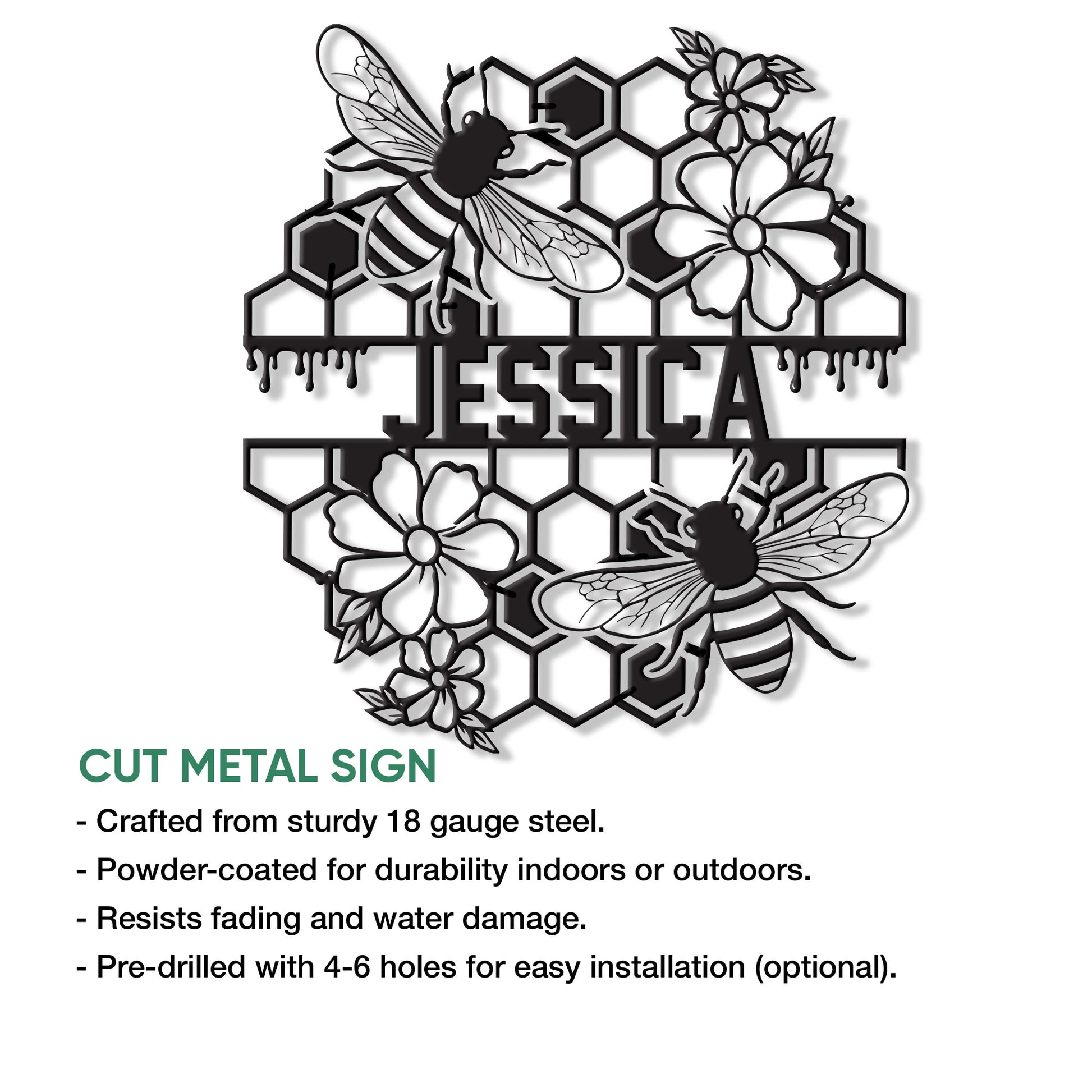 Floral honeybee metal sign shown with product feature information and installation details