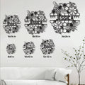 Bee metal sign size guide showing six square size options in a styled living room