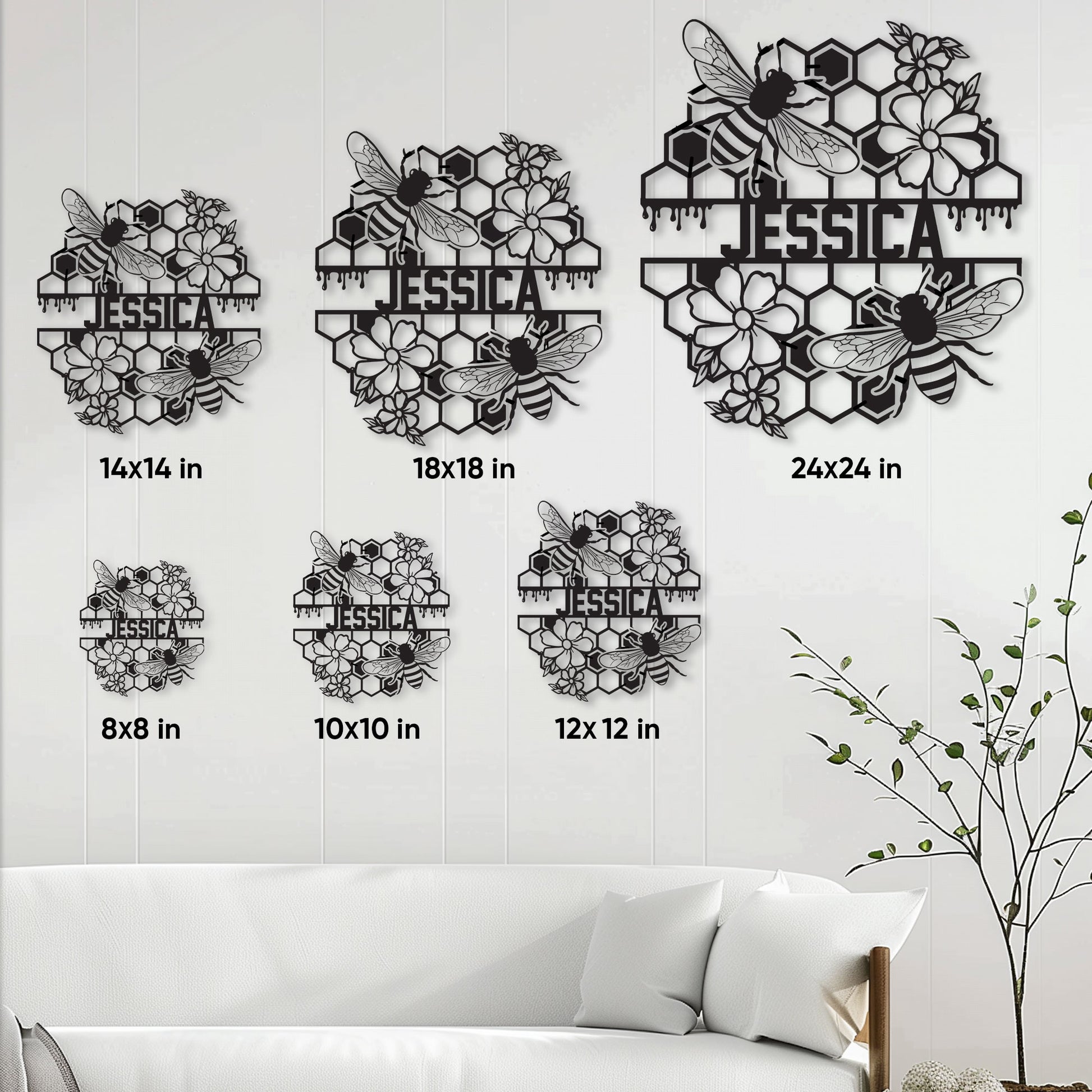 Bee metal sign size guide showing six square size options in a styled living room
