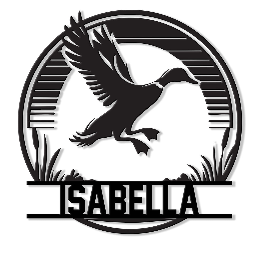 Custom duck hunting metal sign featuring a flying duck silhouette over marsh reeds