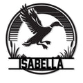 Custom duck hunting metal sign featuring a flying duck silhouette over marsh reeds