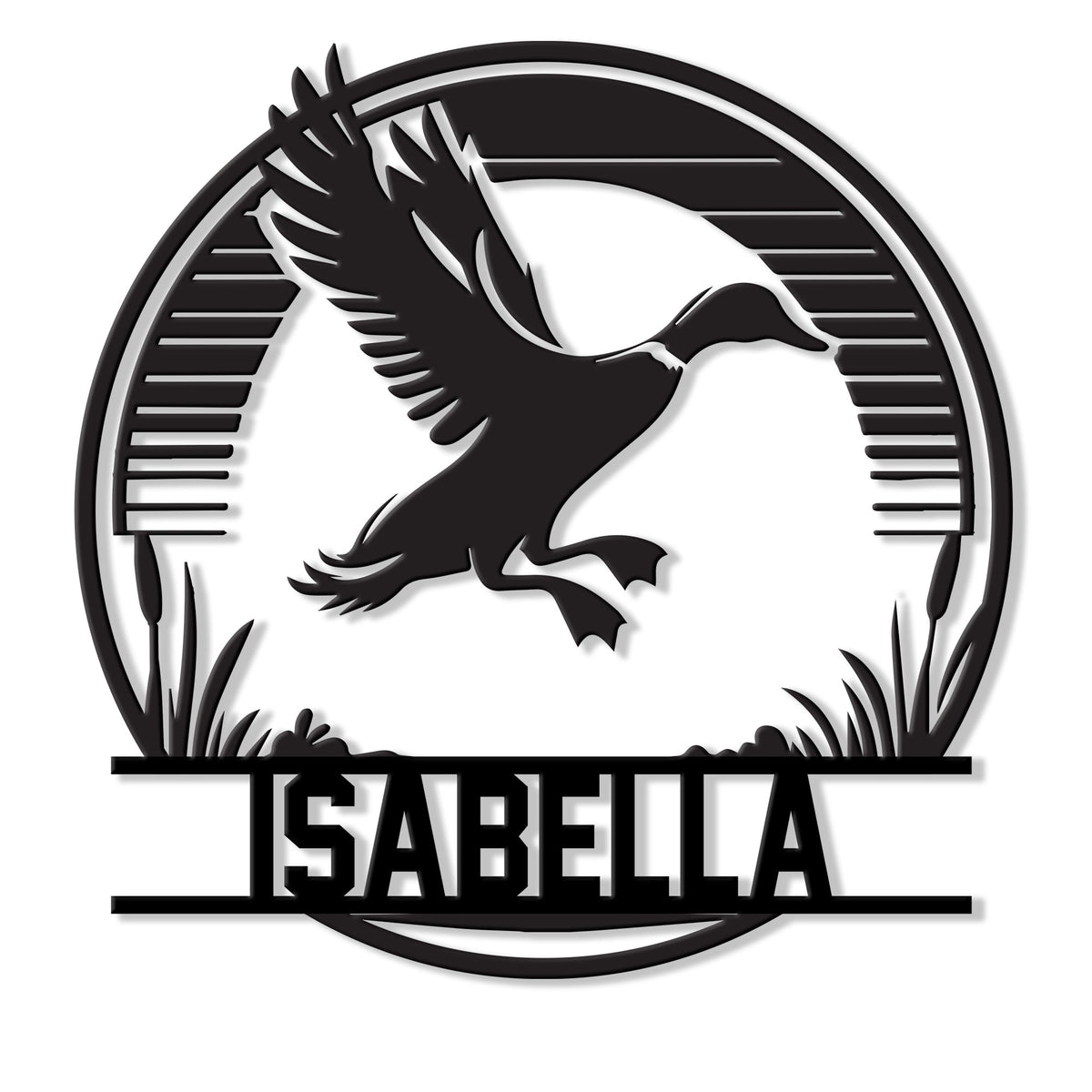 Custom duck hunting metal sign featuring a flying duck silhouette over marsh reeds