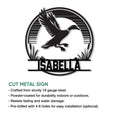 Flying duck cut-metal sign shown with product feature information for duck hunters