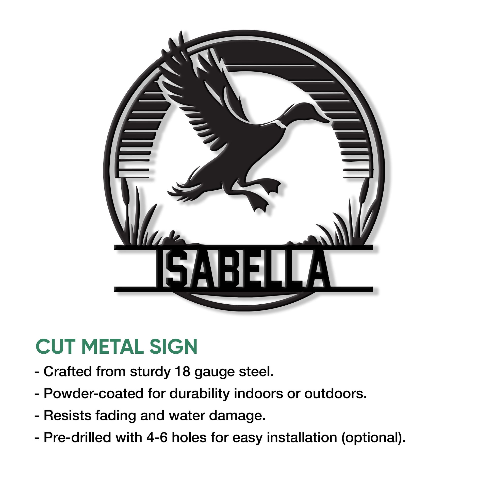 Flying duck cut-metal sign shown with product feature information for duck hunters