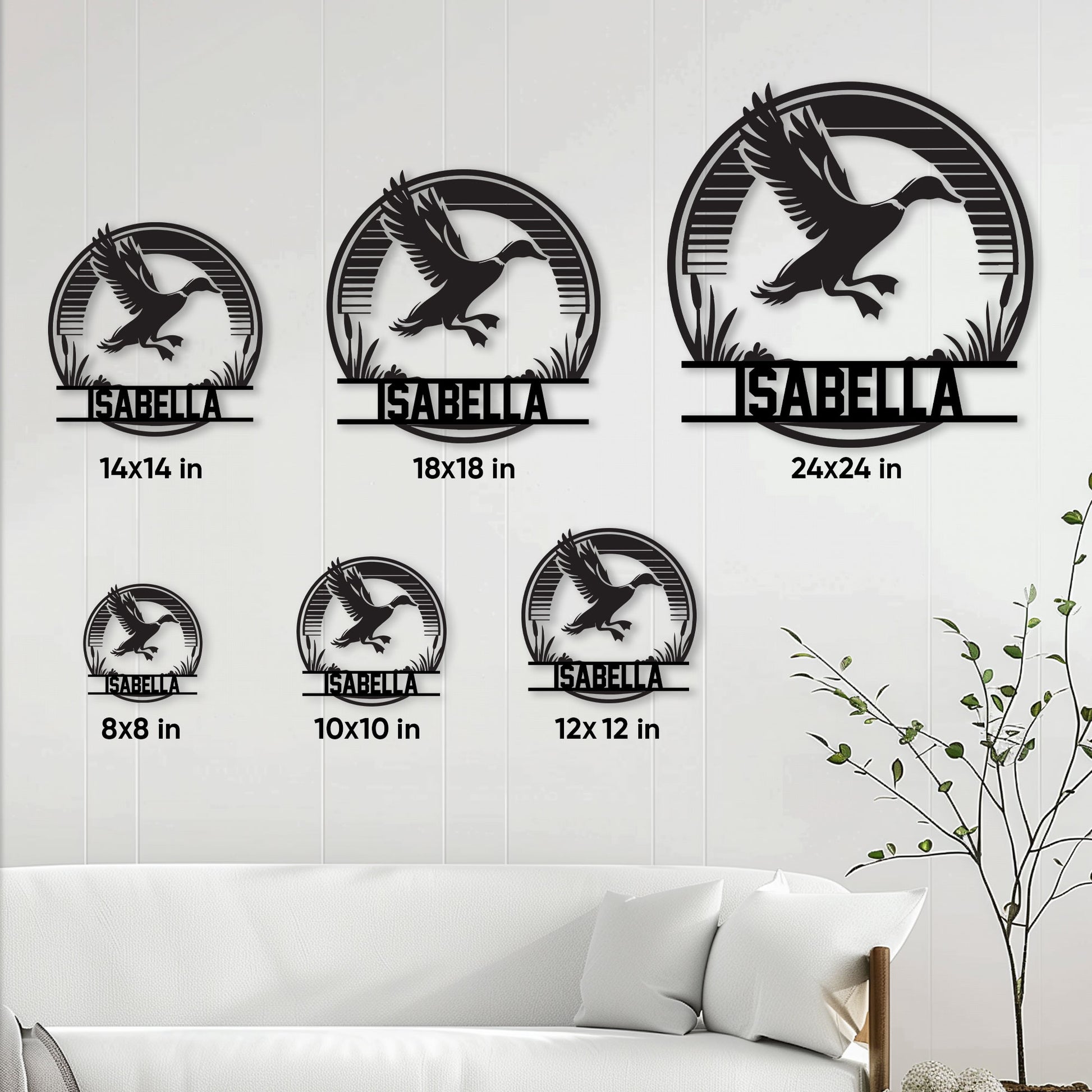 Duck hunting metal sign shown in multiple size options on a living room wall