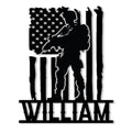 Custom veteran metal sign featuring a soldier silhouette over a distressed American flag design