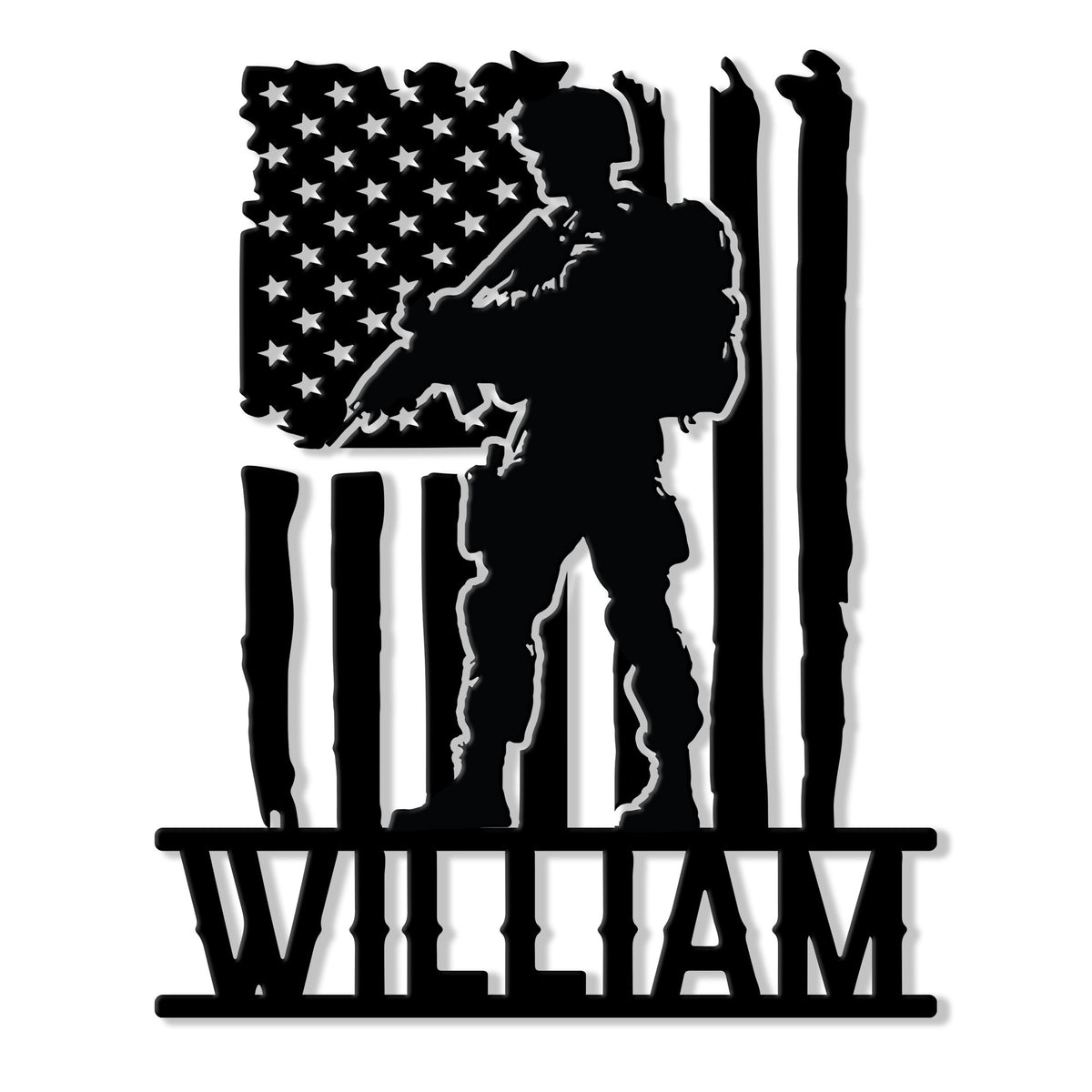 Custom veteran metal sign featuring a soldier silhouette over a distressed American flag design