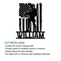 Veteran metal sign feature graphic showing a soldier silhouette framed by patriotic American flag elements