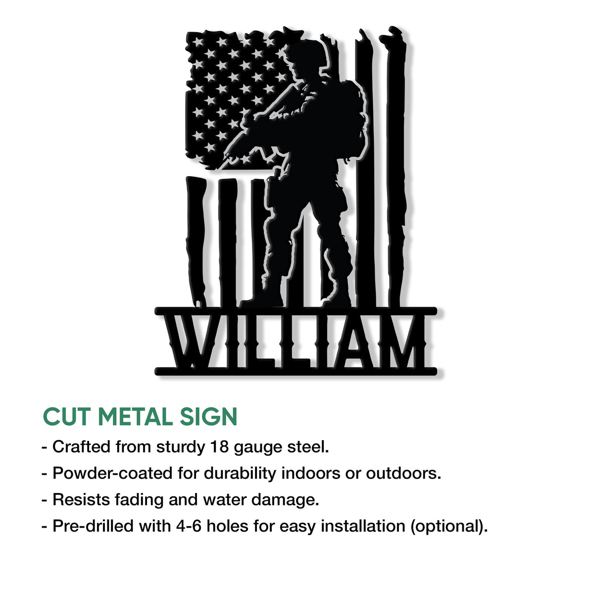 Veteran metal sign feature graphic showing a soldier silhouette framed by patriotic American flag elements