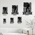 Veteran metal sign size guide showing multiple square size options in a living room setting