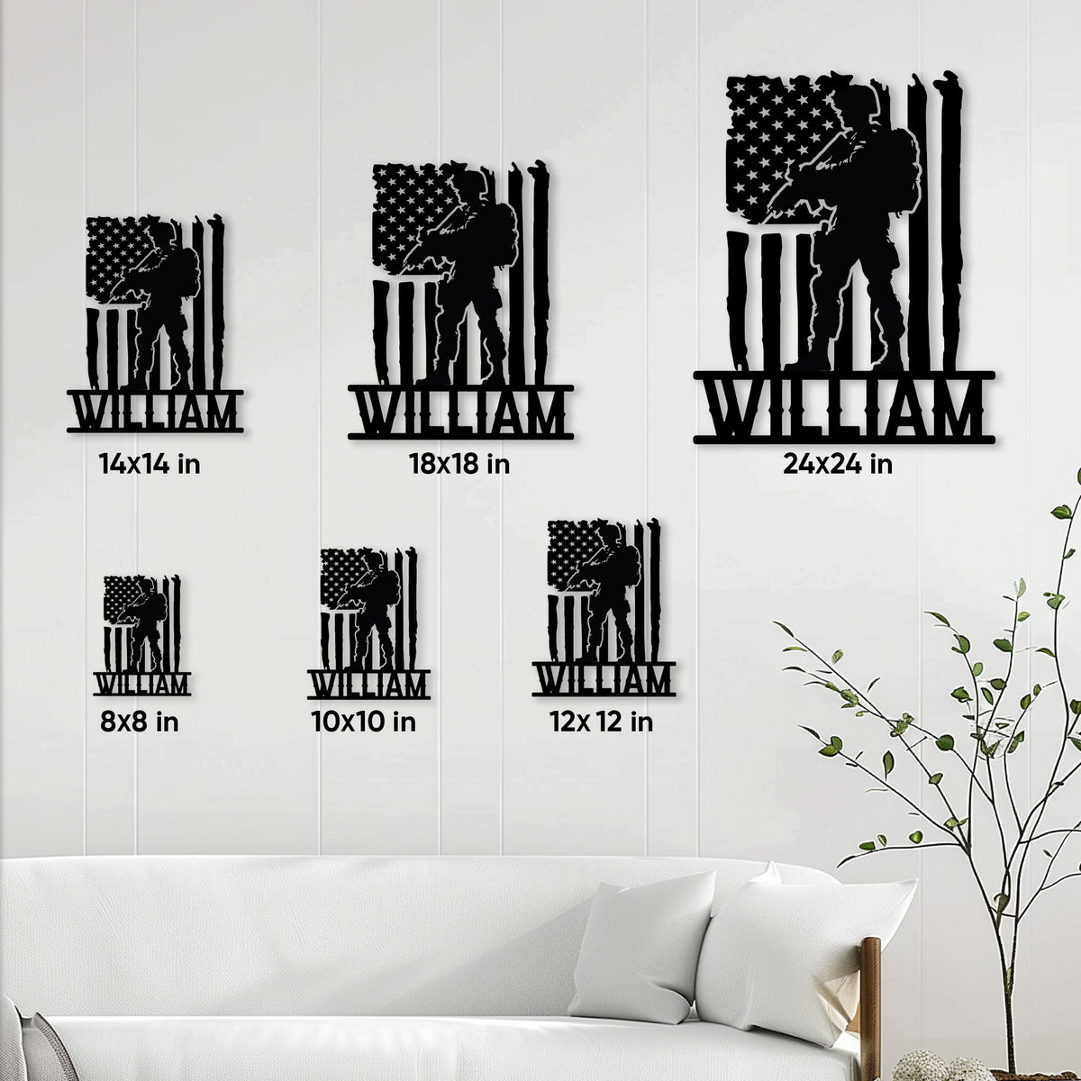 Veteran metal sign size guide showing multiple square size options in a living room setting
