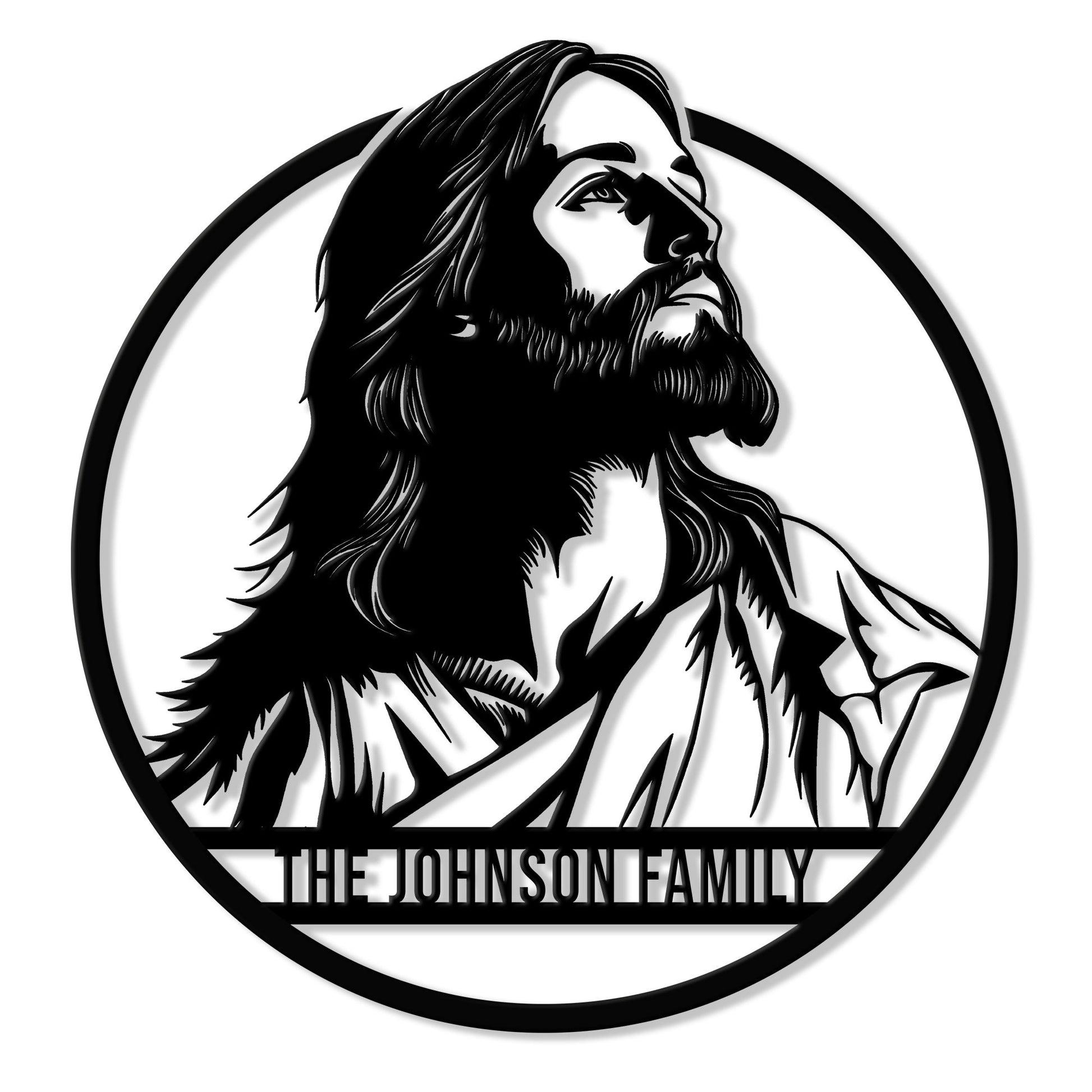 Round Christian metal sign featuring a bold black-and-white portrait of Jesus for family wall decor