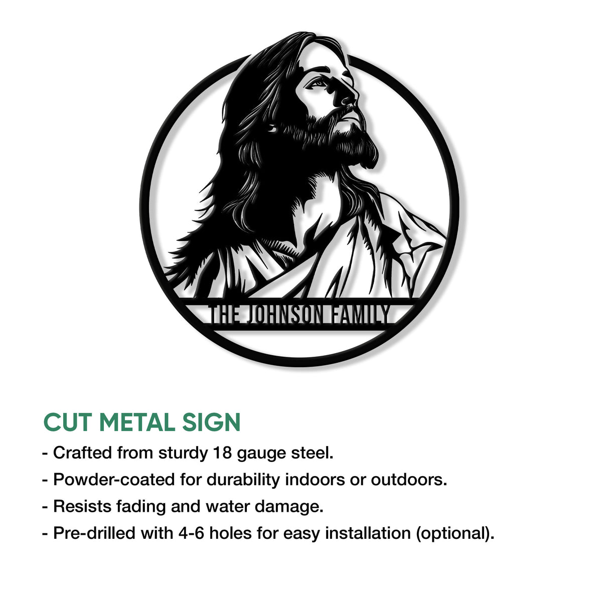 Christian Jesus portrait metal sign shown with product feature details and circular family design