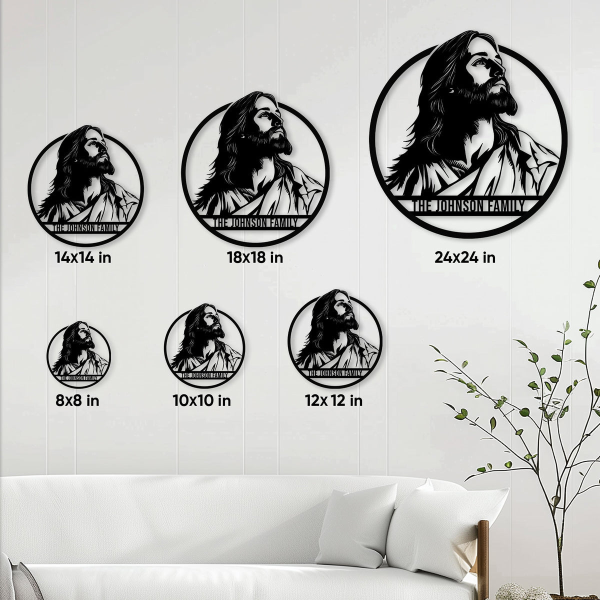 Christian Jesus portrait metal sign shown in multiple size options on a living room wall