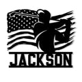 Custom golf metal sign featuring a golfer silhouette swinging in front of a star-spangled American flag