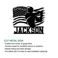 Patriotic golf metal sign with a golfer silhouette, American flag design, and bold decorative base