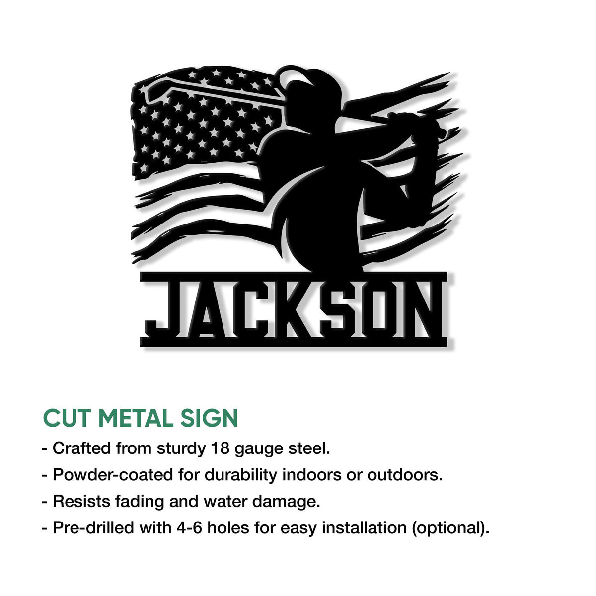 Patriotic golf metal sign with a golfer silhouette, American flag design, and bold decorative base