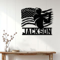 Golfer silhouette metal wall sign displayed on a bright home wall above a console table