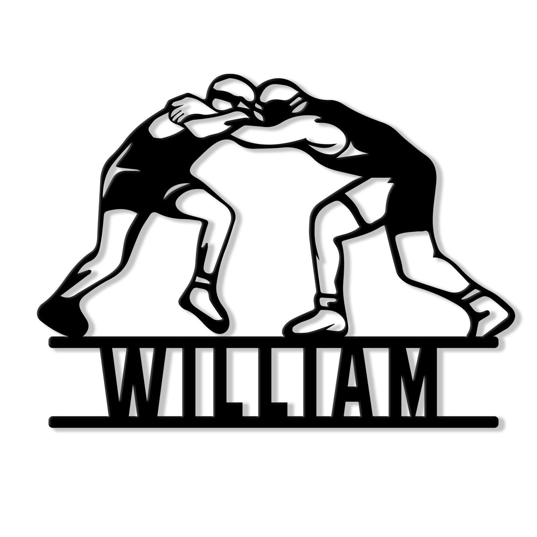 Black wrestling metal sign featuring two athletes locked in a powerful grappling stance