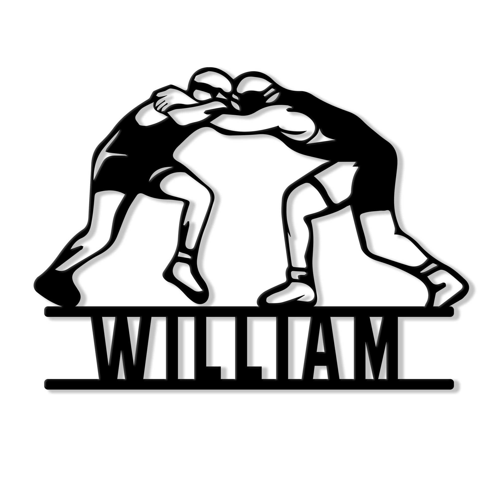 Black wrestling metal sign featuring two athletes locked in a powerful grappling stance