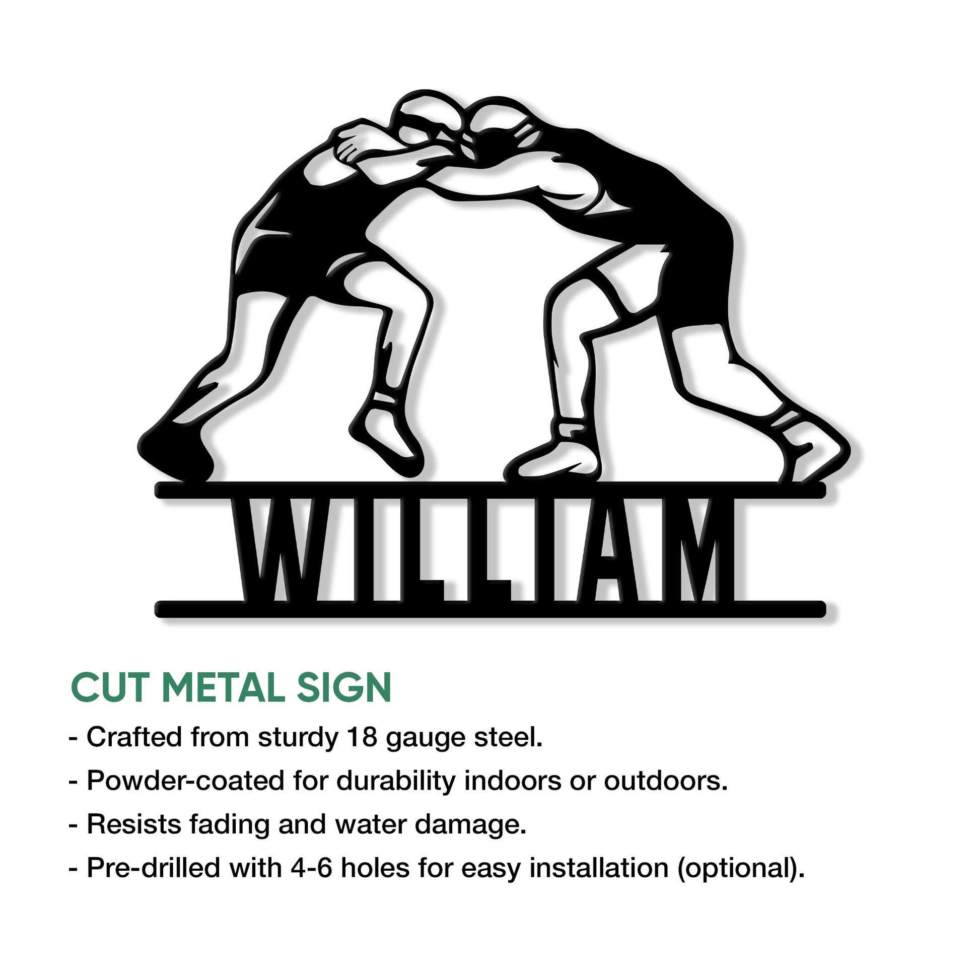 Wrestling cut metal sign showing two grapplers in a bold black silhouette design