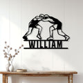 Wrestling wall decor displayed above a console table in a bright modern home