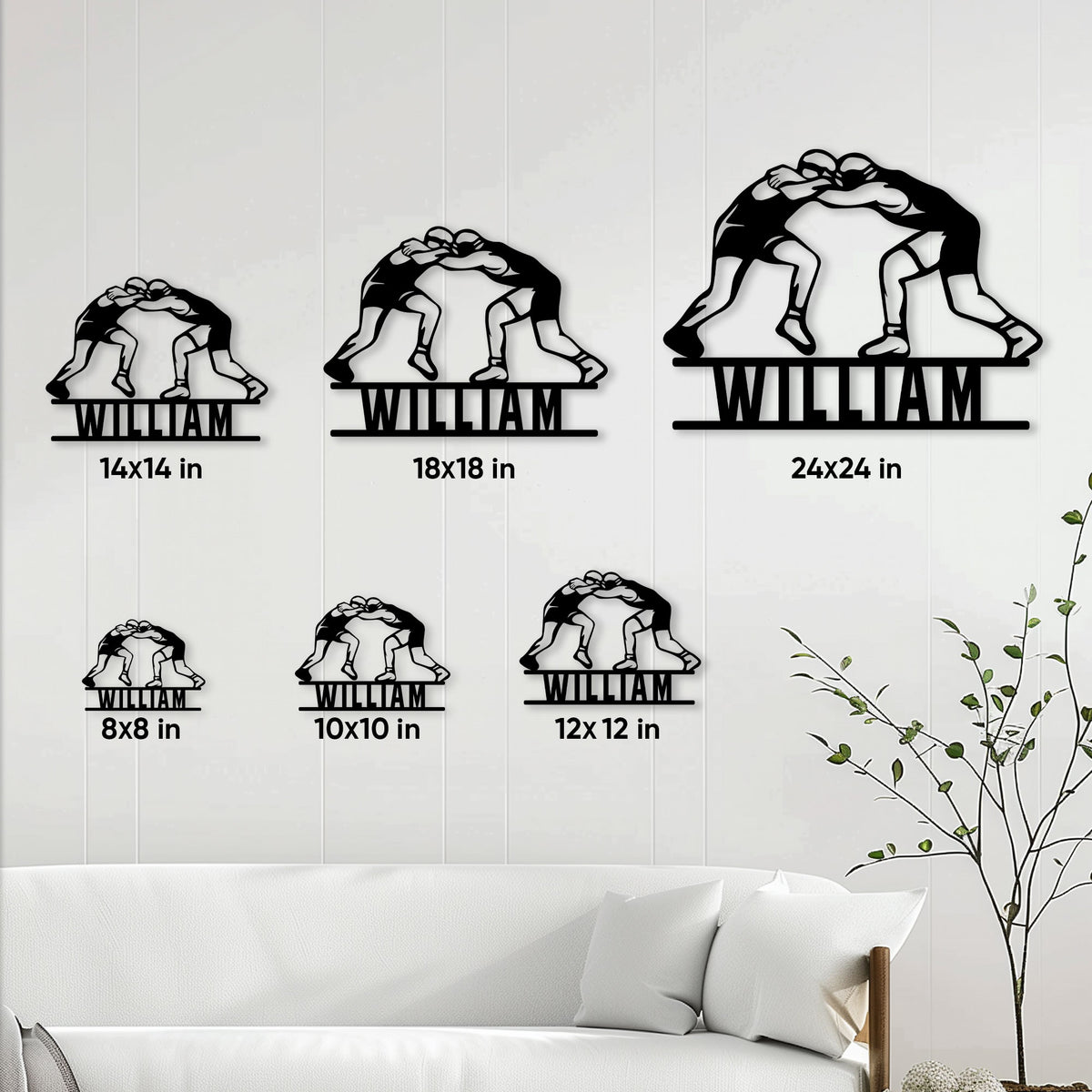 Wrestling sign size guide showing available square sizes from 8 by 8 to 24 by 24 inches