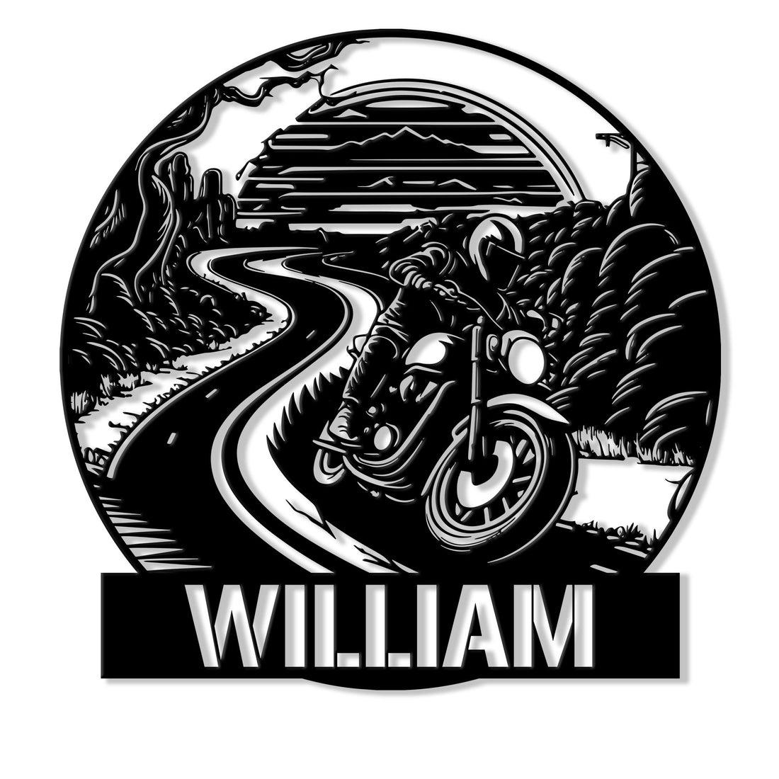 Custom biker metal sign featuring a motorcycle riding along a winding mountain road at sunset