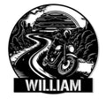 Custom biker metal sign featuring a motorcycle riding along a winding mountain road at sunset