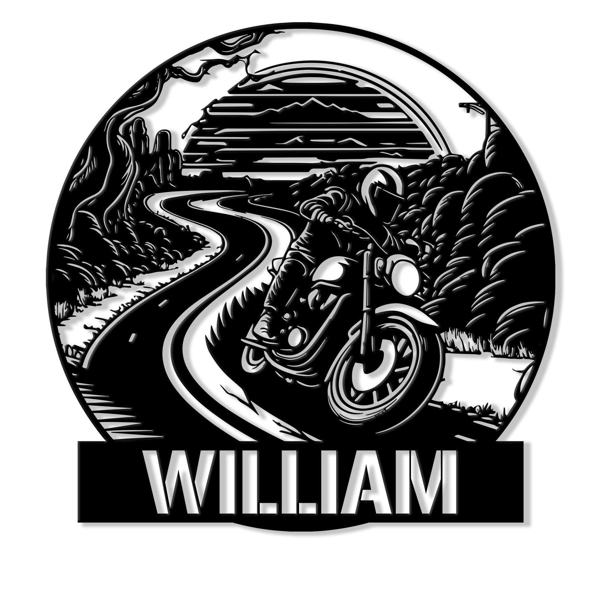 Custom biker metal sign featuring a motorcycle riding along a winding mountain road at sunset