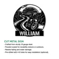 Biker metal sign product graphic showing a motorcycle road scene and available cut metal sign features