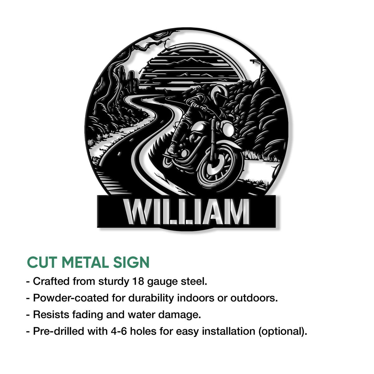 Biker metal sign product graphic showing a motorcycle road scene and available cut metal sign features
