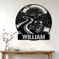 Biker motorcycle metal sign displayed as wall decor above a console table in a bright home