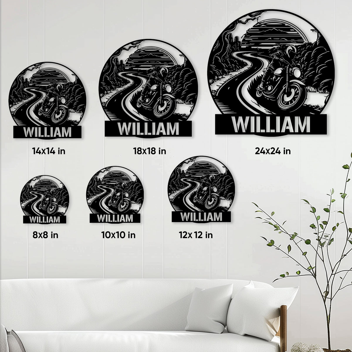 Biker metal sign size guide showing round motorcycle road designs in sizes from 8 to 24 inches