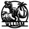 Bold T-rex dinosaur metal sign with a volcano, palm tree, circular frame, and custom lower design