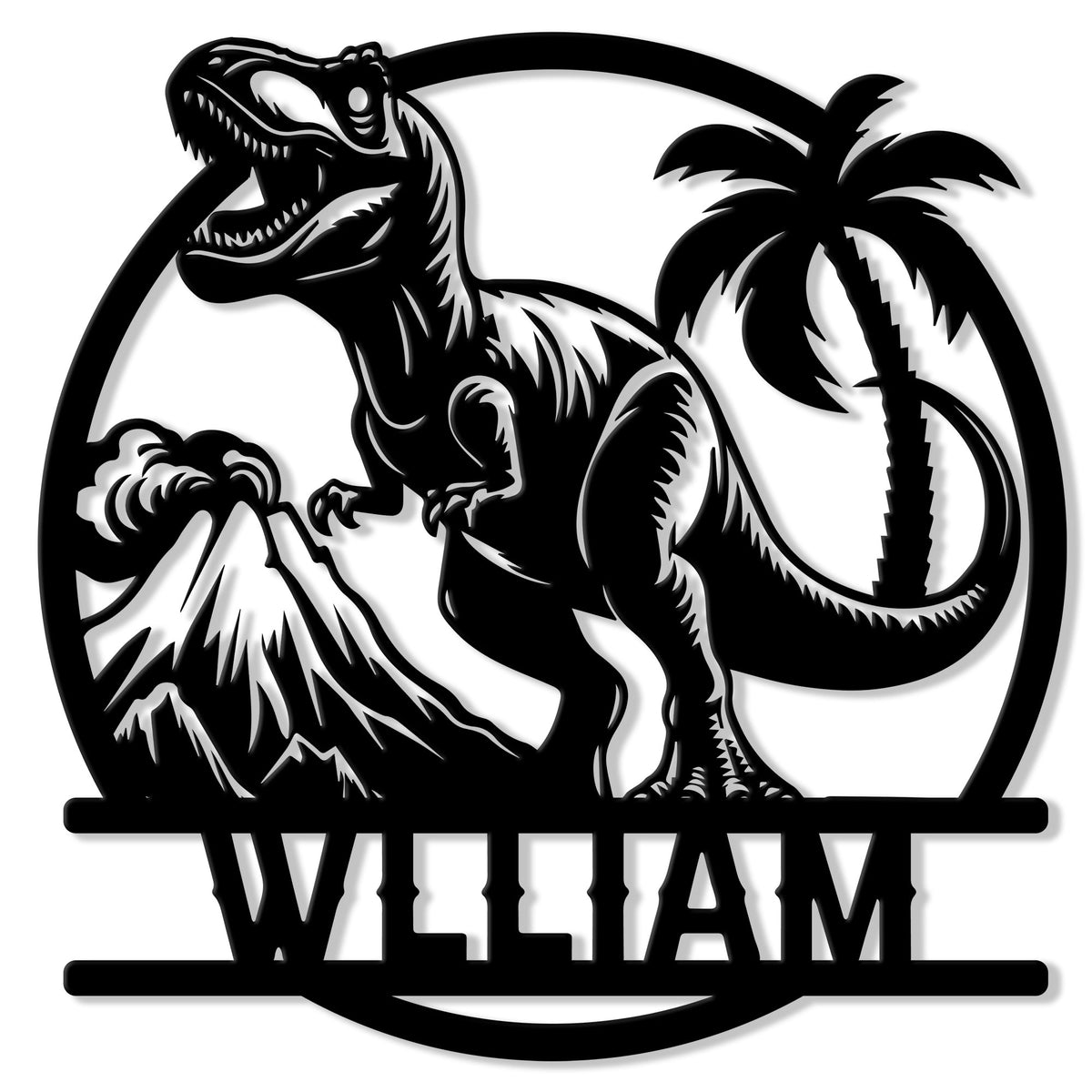 Bold T-rex dinosaur metal sign with a volcano, palm tree, circular frame, and custom lower design