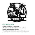 T-rex dinosaur cut metal sign shown with a circular prehistoric scene and product feature details
