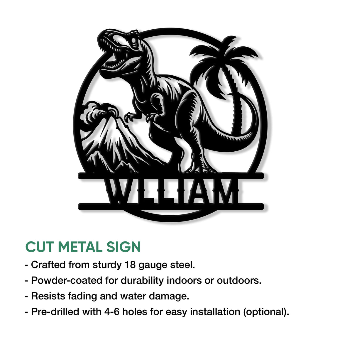 T-rex dinosaur cut metal sign shown with a circular prehistoric scene and product feature details