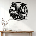 Black T-rex dinosaur wall sign displayed on a light wood-paneled wall above a console table