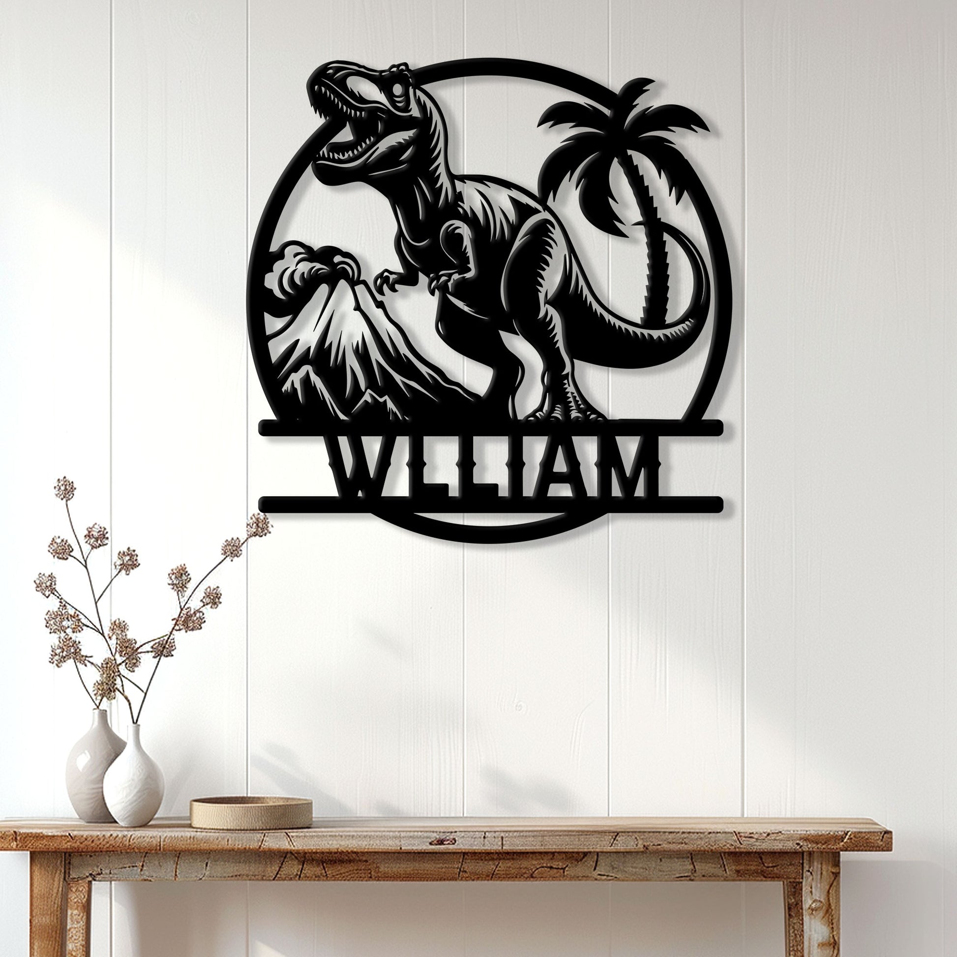 Black T-rex dinosaur wall sign displayed on a light wood-paneled wall above a console table