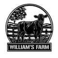 Black cut-metal cow sign featuring a cattle silhouette, fence, tree, pasture, and framed farm scene