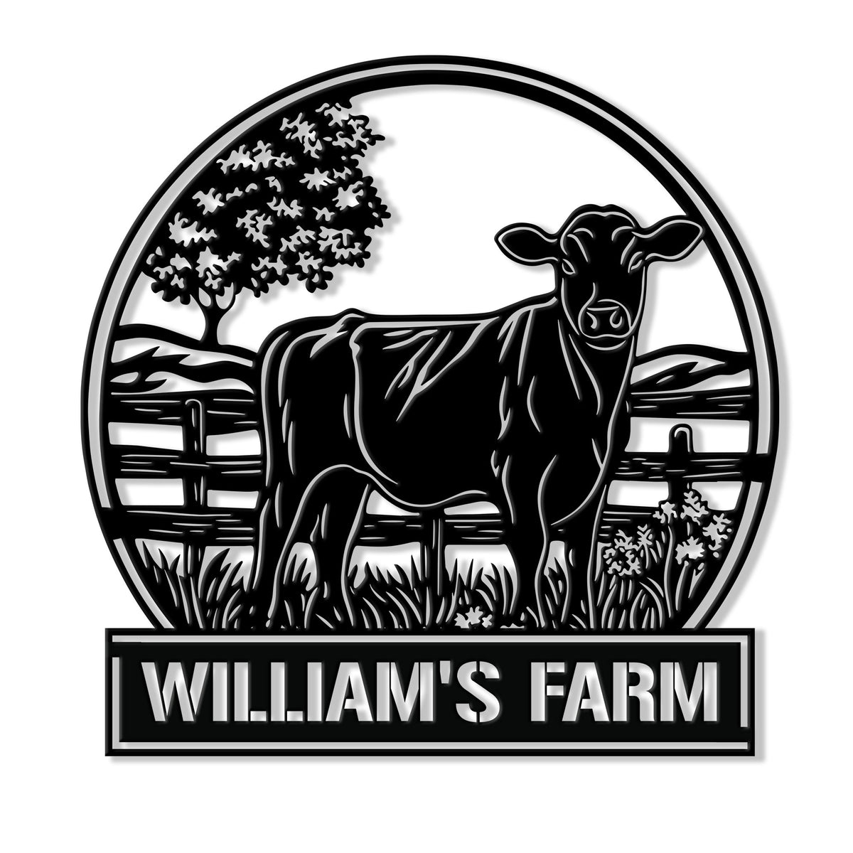 Black cut-metal cow sign featuring a cattle silhouette, fence, tree, pasture, and framed farm scene