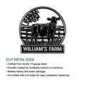 Cow farm metal sign shown with a cut-metal design and product feature information