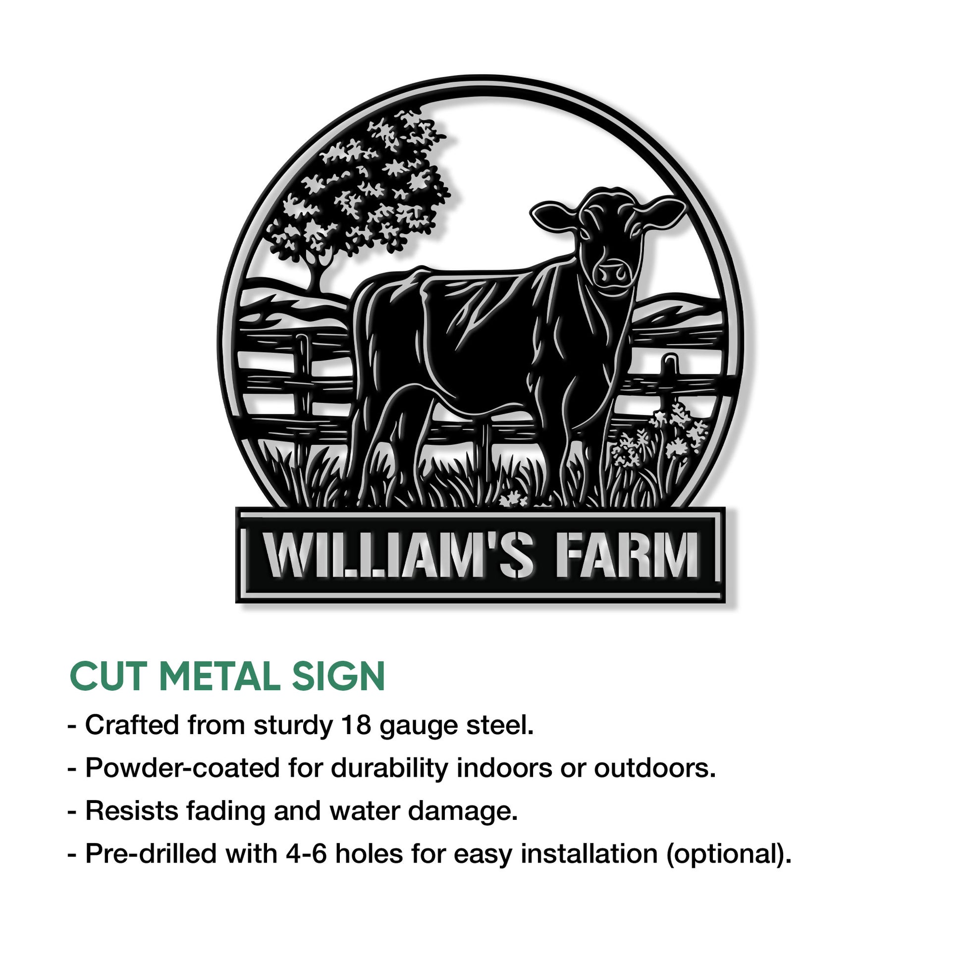 Cow farm metal sign shown with a cut-metal design and product feature information