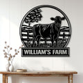 Custom cow metal sign displayed on a white farmhouse wall above a rustic console table