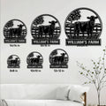 Cow farm wall sign shown in multiple size options against a bright farmhouse interior
