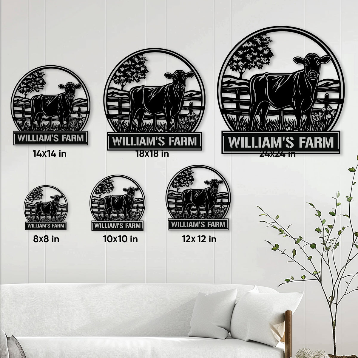 Cow farm wall sign shown in multiple size options against a bright farmhouse interior